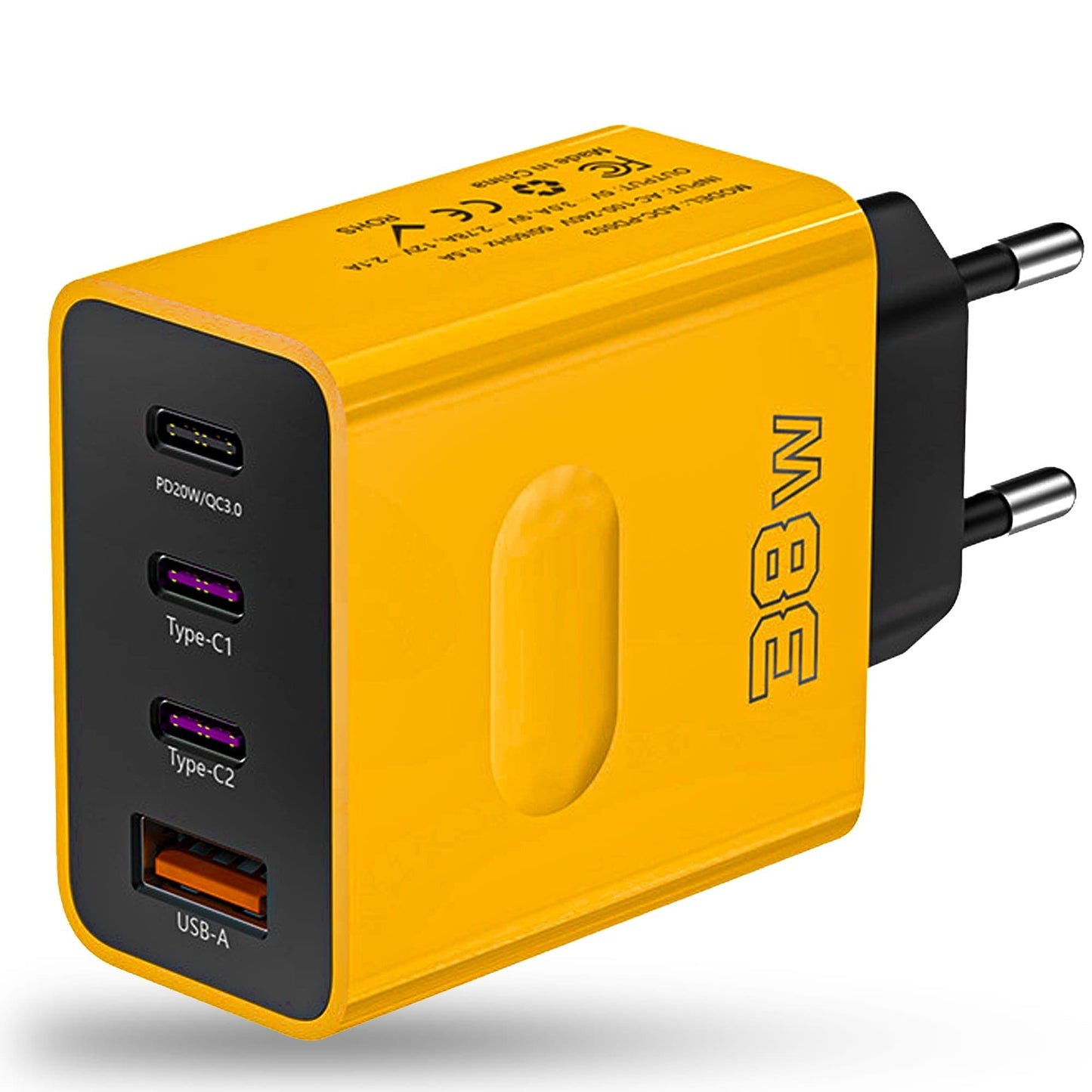 Incarcator Retea Timebox, 4 Porturi, 38W Fast-Charge, 3 x Type-C, 1 x USB, Galben