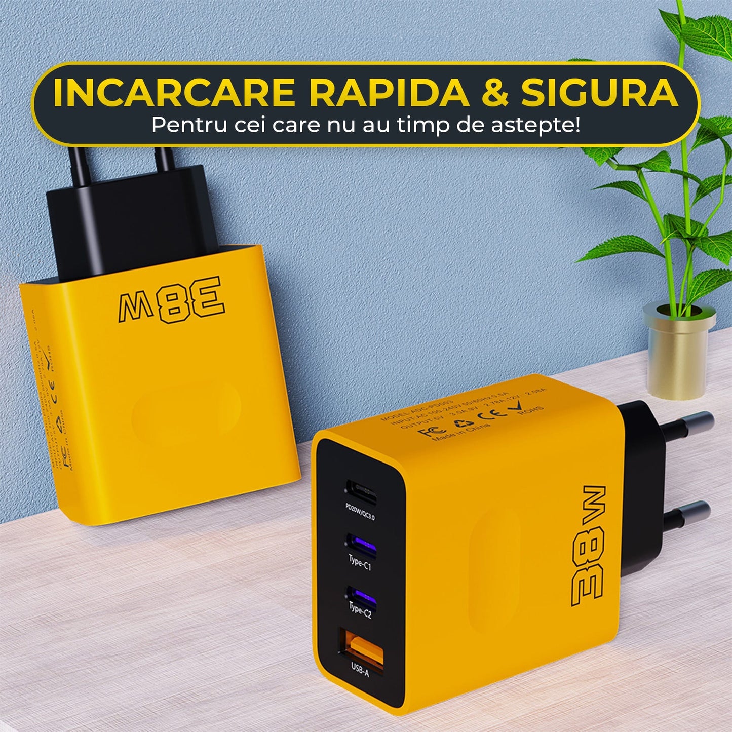 Incarcator Retea Timebox, 4 Porturi, 38W Fast-Charge, 3 x Type-C, 1 x USB, Galben