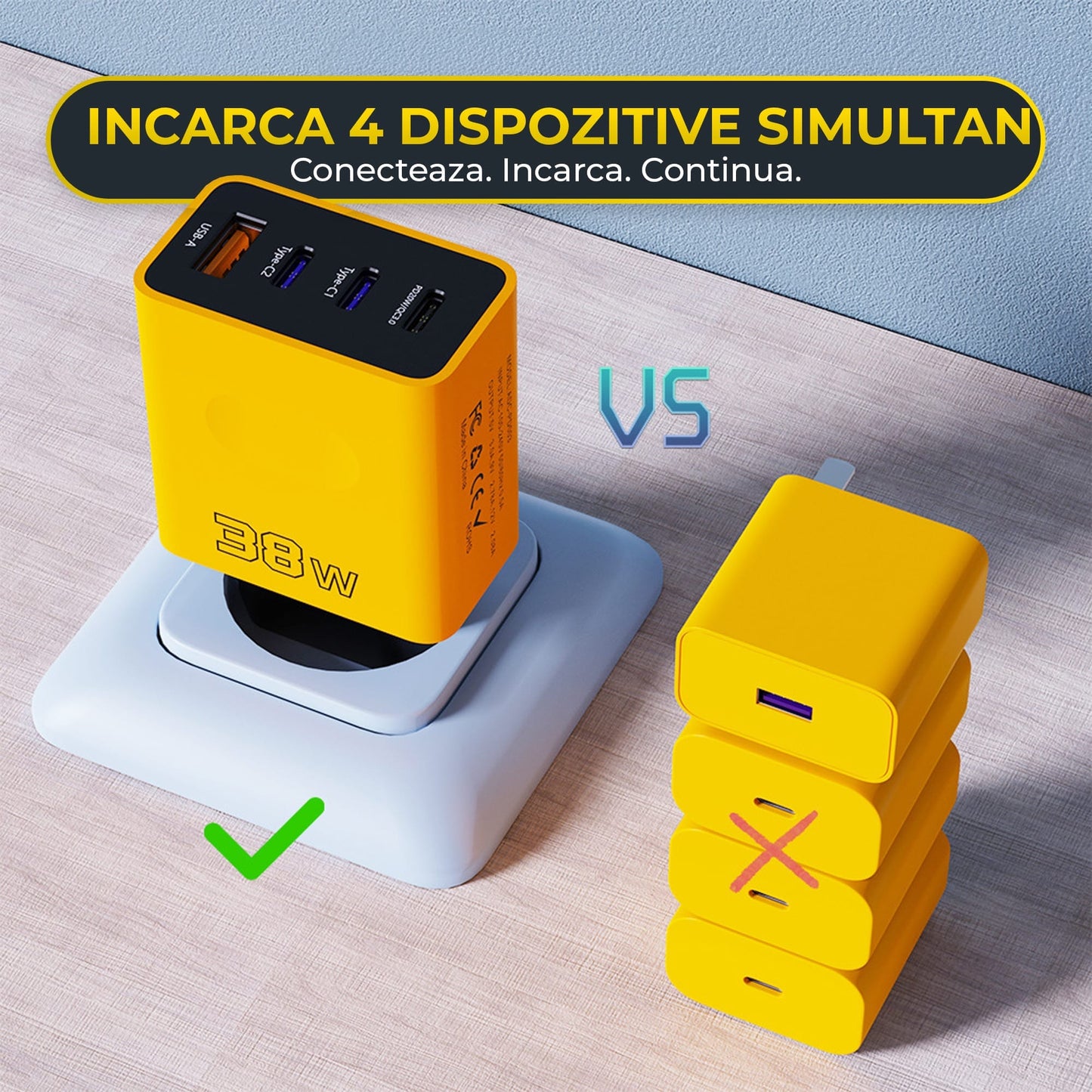Incarcator Retea Timebox, 4 Porturi, 38W Fast-Charge, 3 x Type-C, 1 x USB, Galben