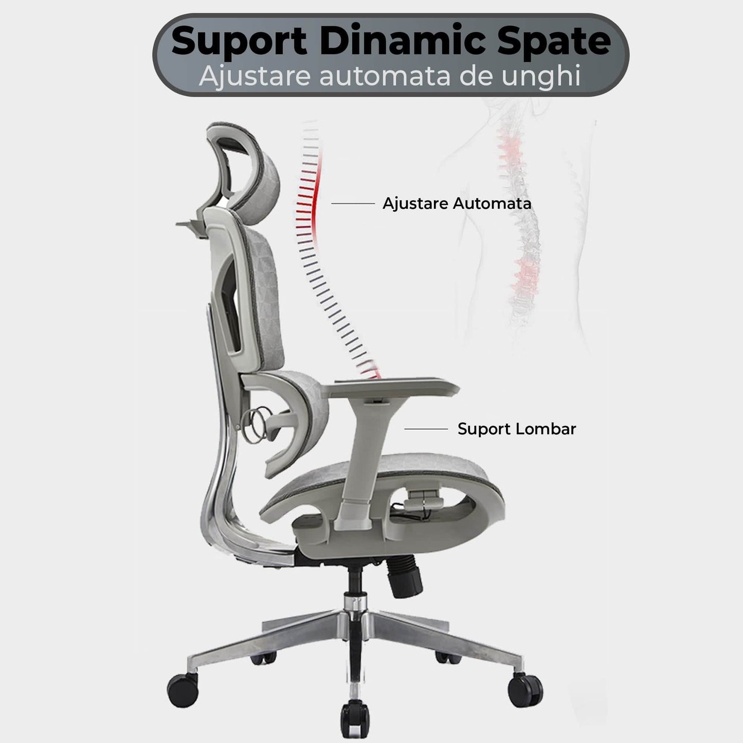 Scaun ergonomic Timebox, Reglare inaltime spatar in 6 pozitii 150°, Cotiere 5D, Plasa Mesh, Profil lombar flexibil, Spatar si Baza din aluminiu durabil, pana la 150 kg, Gri