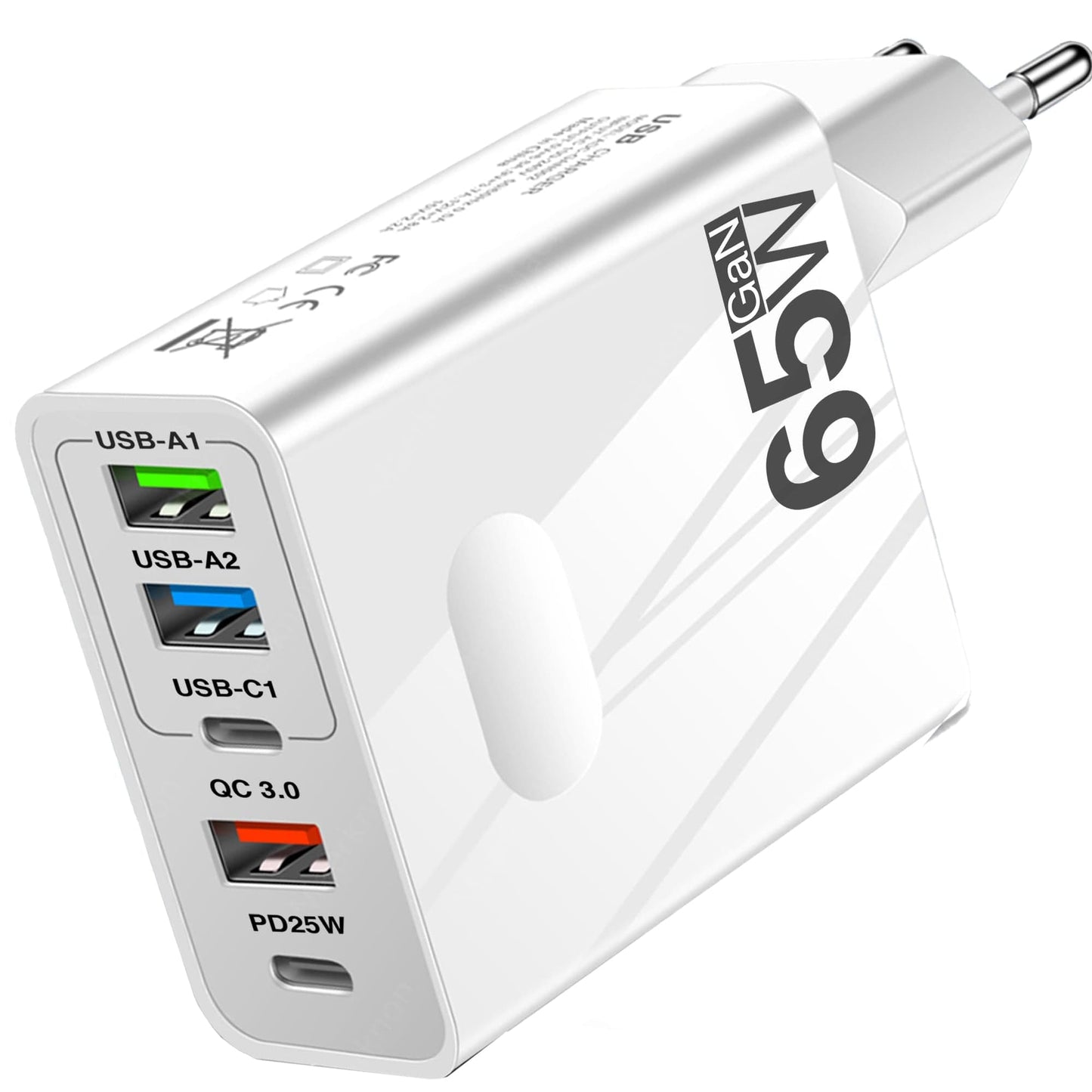 Incarcator Retea Timebox, 5 Porturi, 65W Fast Charge, 3 x USB, 2 x Type-C, QC 3,0, Alb
