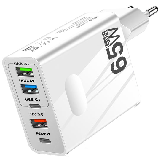 Incarcator Retea Timebox, 5 Porturi, 65W Fast Charge, 3 x USB, 2 x Type-C, QC 3,0, Alb