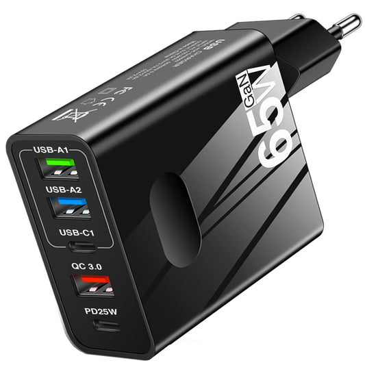Incarcator Retea Timebox, 5 Porturi, 65W Fast Charge, 3 x USB, 2 x Type-C, QC 3,0, Negru