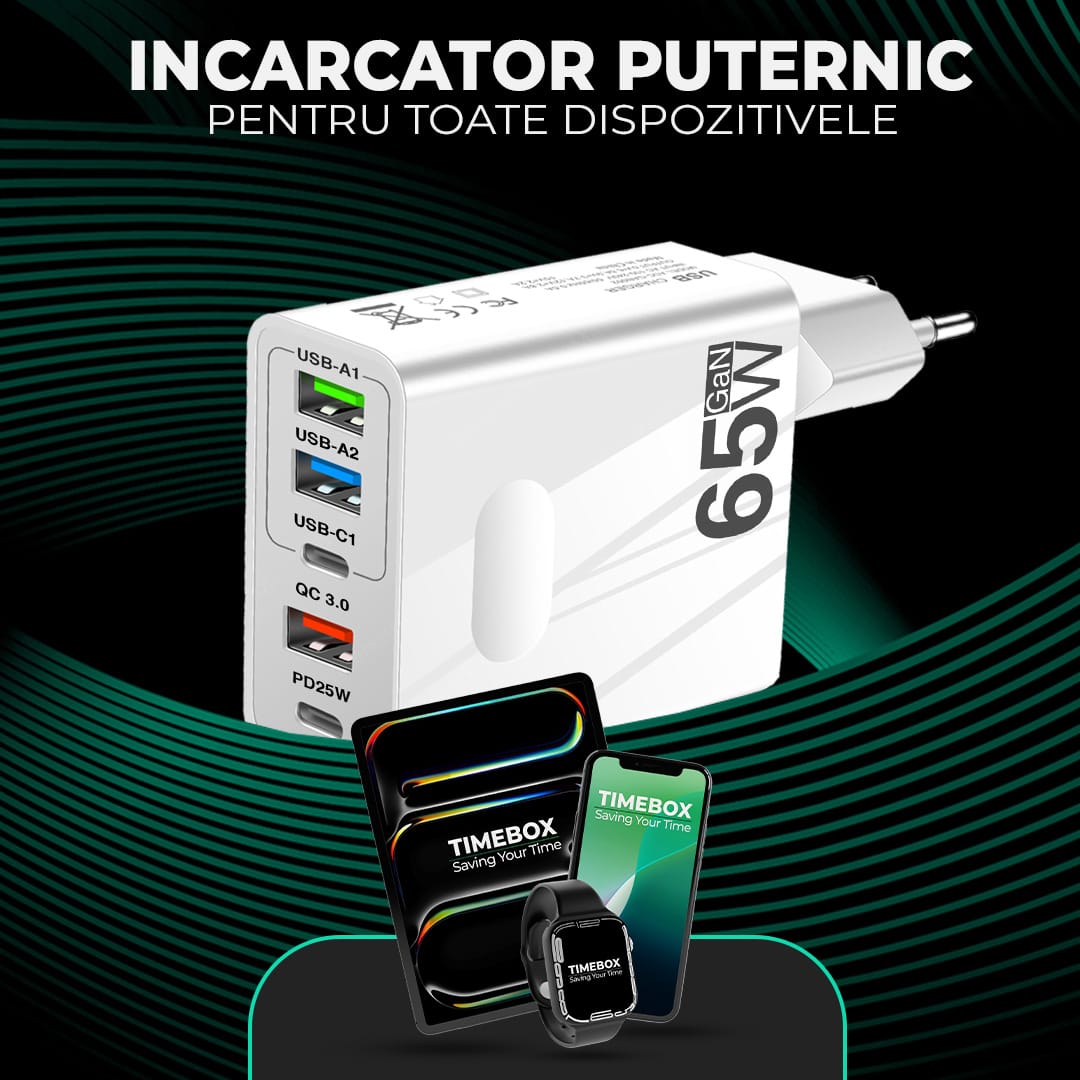 Incarcator Retea Timebox, 5 Porturi, 65W Fast Charge, 3 x USB, 2 x Type-C, QC 3,0, Alb