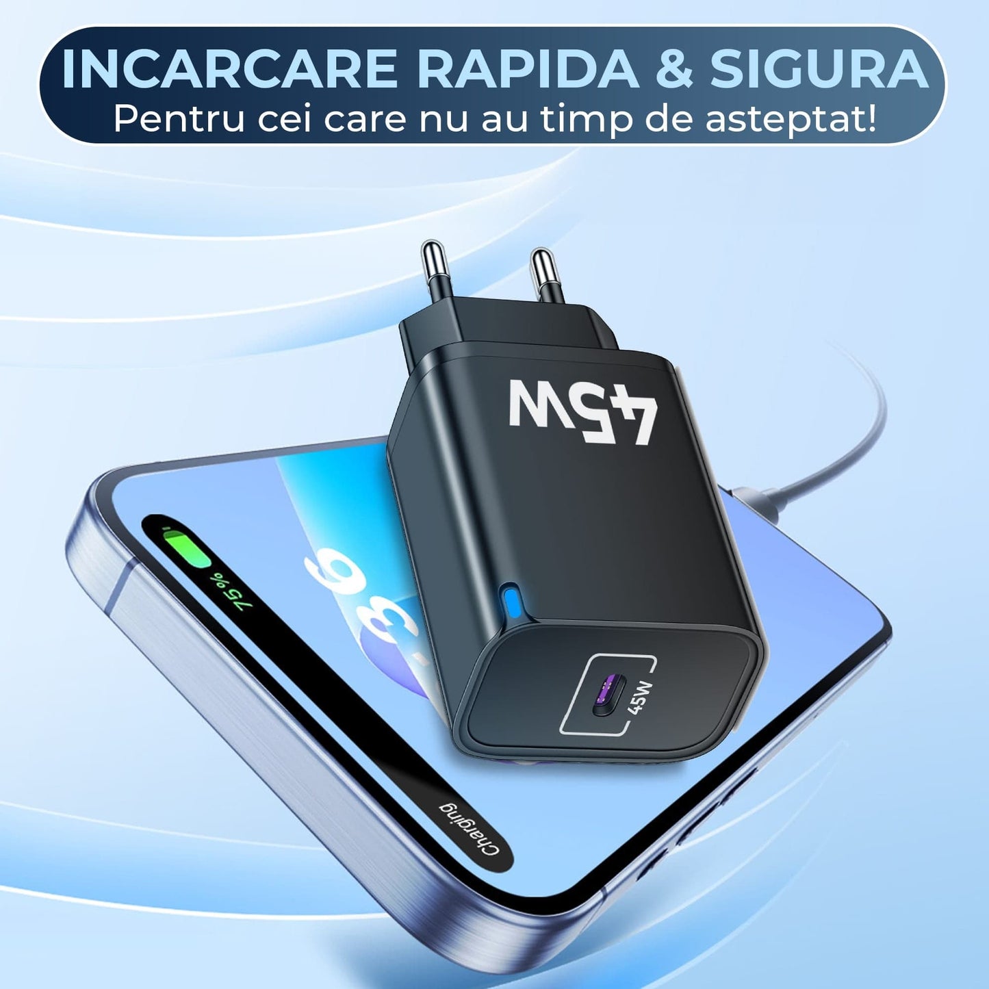 Incarcator Retea Timebox, 45W Fast Charge, 1 x Type-C, Negru