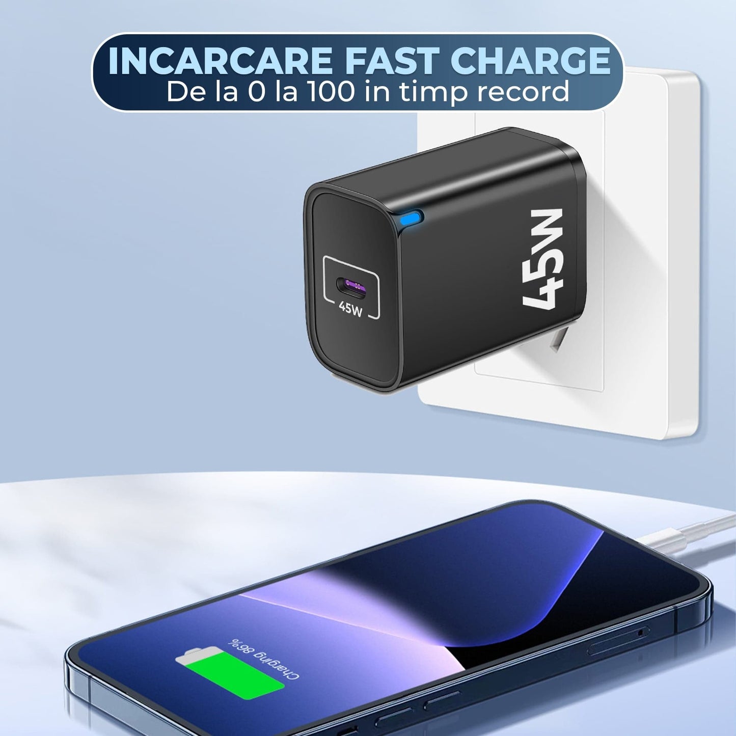 Incarcator Retea Timebox, 45W Fast Charge, 1 x Type-C, Negru