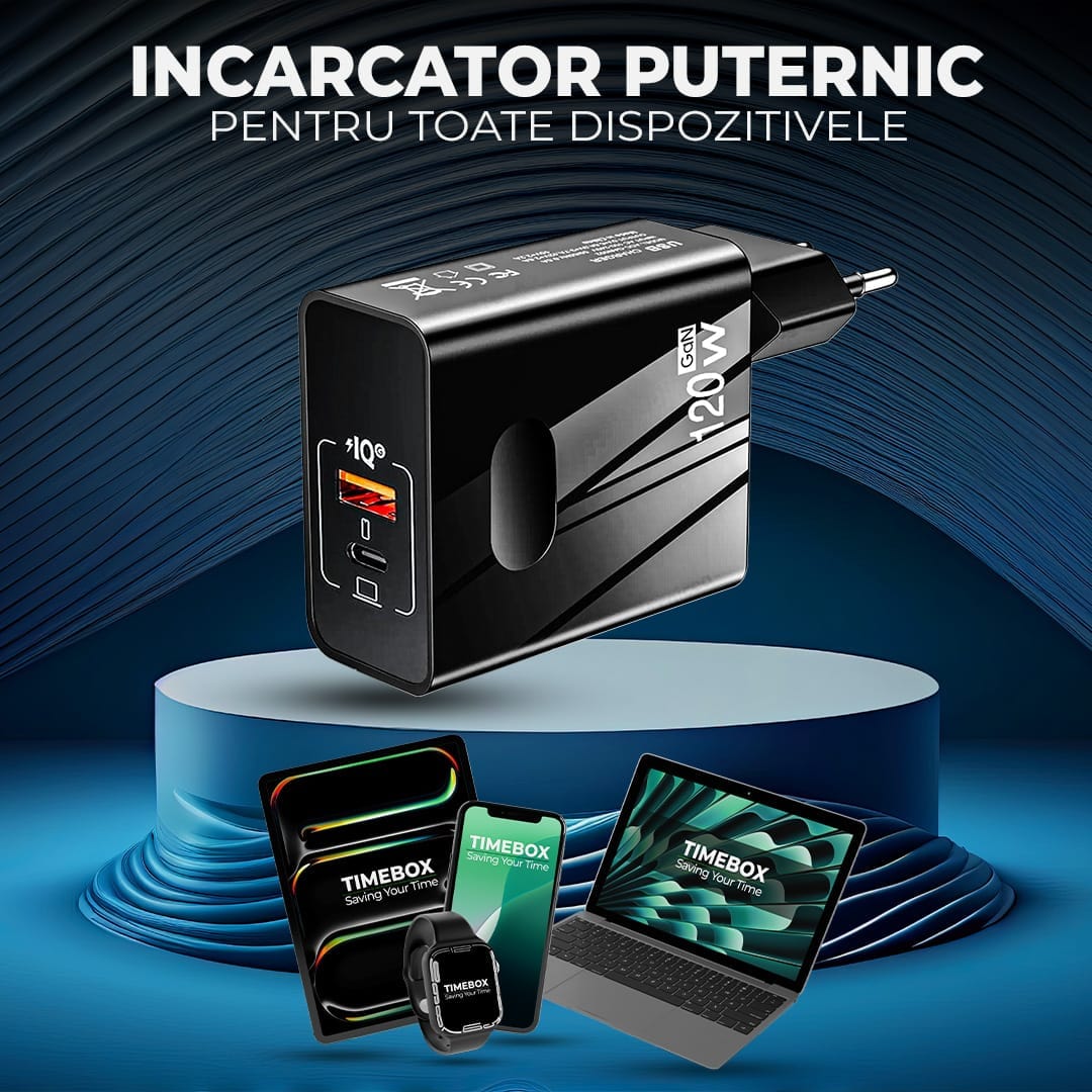 Incarcator Retea Timebox, 2 Porturi, 120W Fast-Charge, 1 x Type-C, 1 x USB Q,C 3,0, Negru