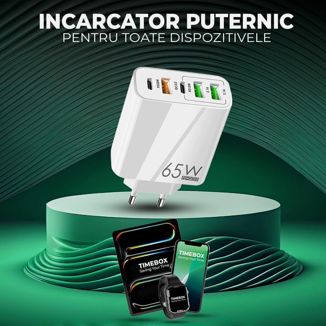 Incarcator Retea, 5 Porturi, 65W Fast Charge, 3 x USB, 2 x Type-C, Cablu de date inclus USB-C, Universal Compatibil iPhone, Huawei, Samsung, Xiaomi, Alb