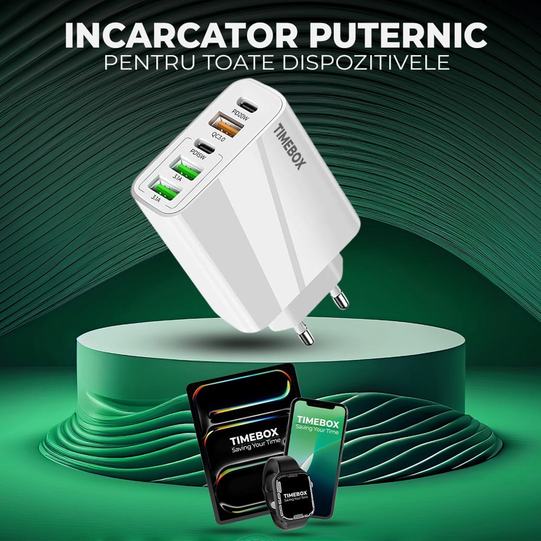 Incarcator Retea, 5 Porturi, 65W Fast Charge, 3 x USB, 2 x Type-C, Alb