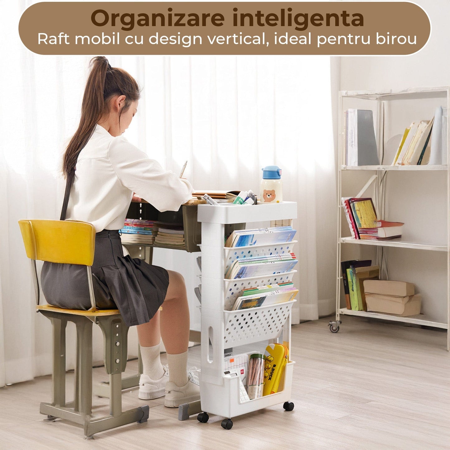 Etajera Multifunctionala cu 5 Rafturi pe Roti – Suport Mobil pentru Carti, Birou, Machiaj sau Bucatarie, Design Modern Fara Gaurire, Ideala pentru Camera, Clasa sau Dormitor, Gri