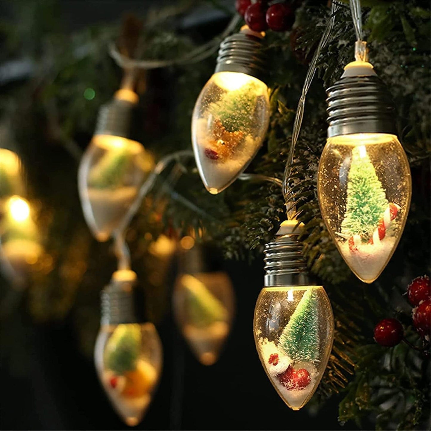 Instalatie Craciun, 2m, 10 becuri LED Snow Globe, Decor cu braduti si zapada, Acril rezistent, 2 moduri lumina, Alimentare pe baterii AA, Interior/exterior