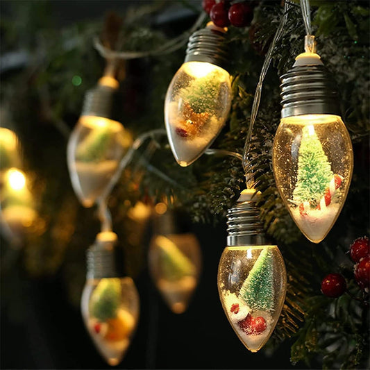 Instalatie Craciun, 2m, 10 becuri LED Snow Globe, Decor cu braduti si zapada, Acril rezistent, 2 moduri lumina, Alimentare pe baterii AA, Interior/exterior