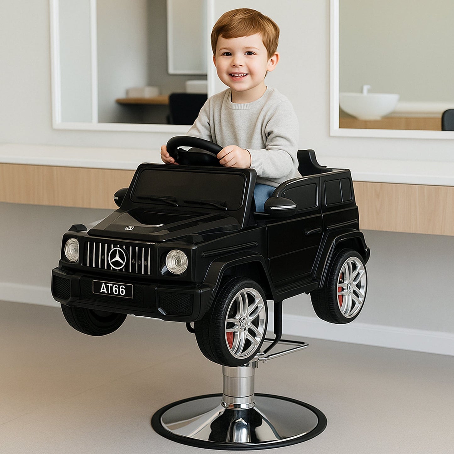 Scaun auto de tuns copii model G-Class – Scaun interactiv cu Bluetooth, Centura de siguranta si Reglaj pe inaltime, Baza metalica, Experienta premium pentru saloane si frizerii, Negru