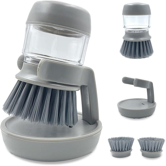 Dispenser Detergent cu Perie si Suport de Scurgere – Set Compact pentru Curatarea Vaselor si Chiuvetei, Dozare Automata, Design Modular cu Cap Reutilizabil si Rezerva, Gri