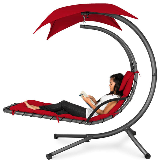 Balansoar tip Sezlong Suspendat de Exterior cu Copertina– Perna Ergonomica, Copertina Detasabila si Design Zero Gravity, Rezistent la UV si Intemperii, Material Rezistent, Rosu