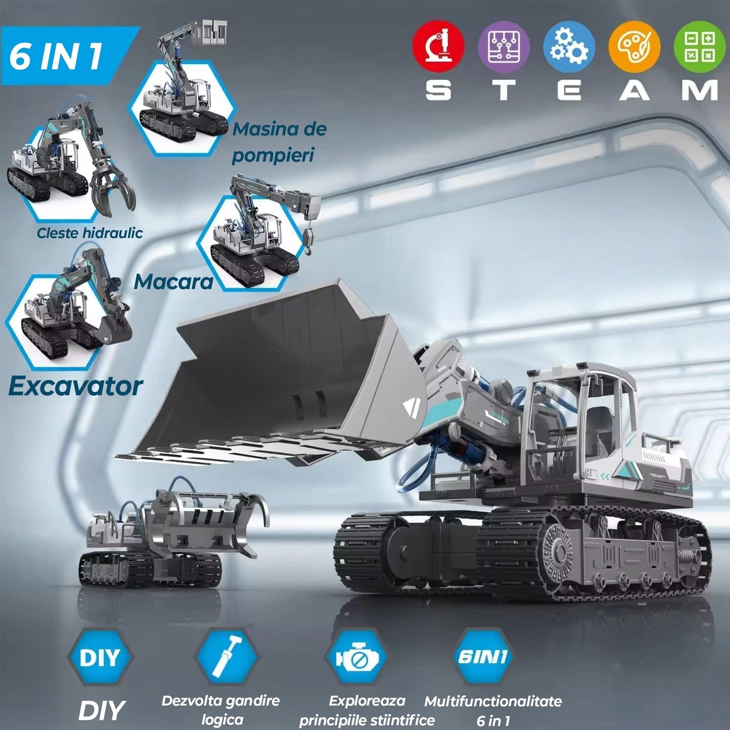 Set Educativ 6 in 1 de Constructie Hidraulica pentru Copii 8–12 Ani – Excavatoare, Macara si Incarcator Lemne, Joc Interactiv STEM