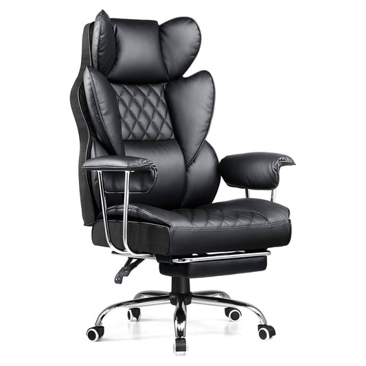 Scaun Office Timebox– Scaun Ergonomic Executiv din Piele cu Spatar Inalt, Suport Lombar cu Arcuri, Reclinabil 135°, Suport pentru Picioare si Cotiere Fixe, Confortabil, Cadru Metalic, Sustine Pana la 136 kg, Negru