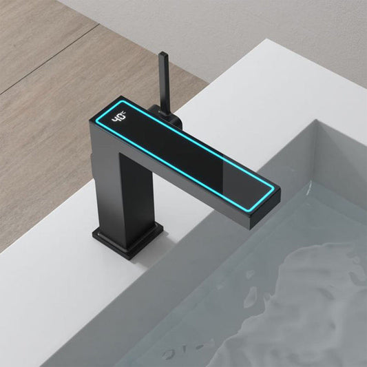Baterie Lavoar cu Afisaj Digital LED Temperatura – Montaj Pe Blat, Design Patrat, Monocomanda, Alama Solida, Alimentare Hidroelectrica fara Baterii, Material Durabil, Instalare Usoara, Negru mat