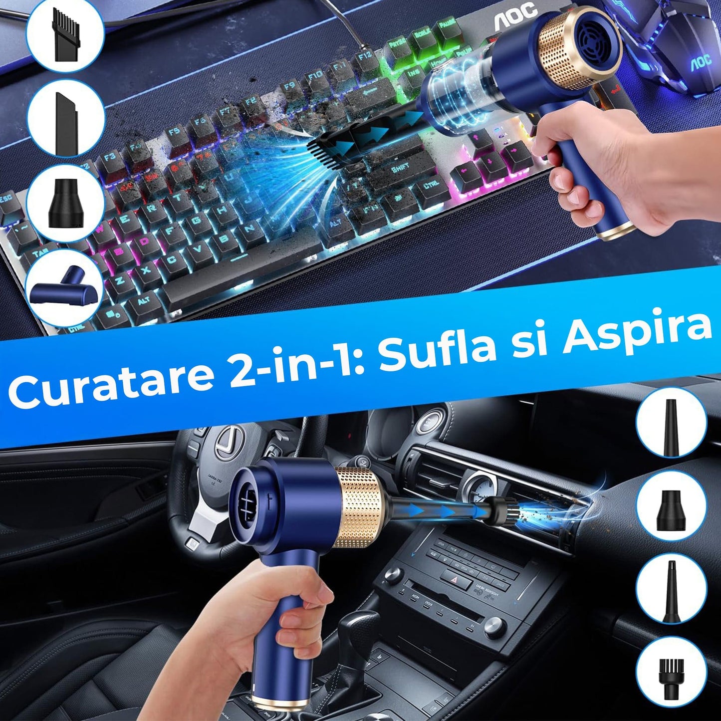 Aspirator Auto Portabil Timebox 2 in 1 – 16000PA, Fara Fir, cu Lumina LED si Accesorii Multiple, Filtru HEPA, Ideal pentru Masina, Acasa sau Birou, Albastru