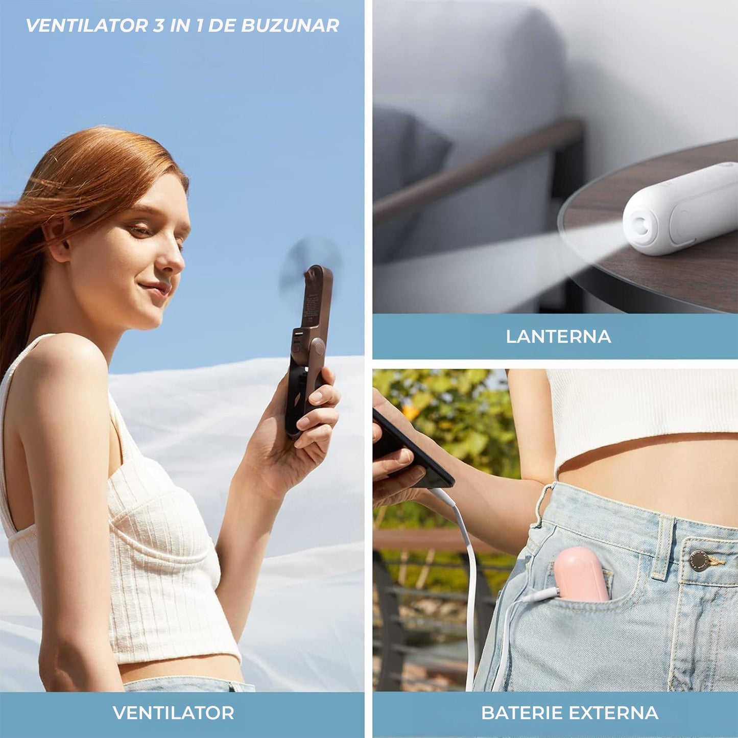 Mini Ventilator Portabil 3 in 1 – Reincarcabil USB, cu Power Bank si Lanterna, Design Compact pentru Calatorii, Vara, Concerte sau Birou, Autonomie 12–19 Ore, Roz