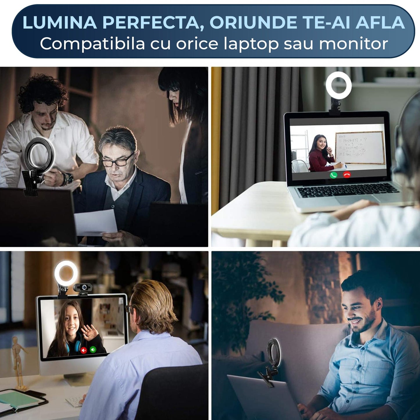 Lampa LED Ring Light pentru Videoconferinte, Timebox, 3 Culori si 5 Niveluri de Luminozitate, Prindere pe Monitor, Alimentare USB, Ideala pentru Zoom, Live Streaming, Tiktok, Makeup sau Cursuri Online