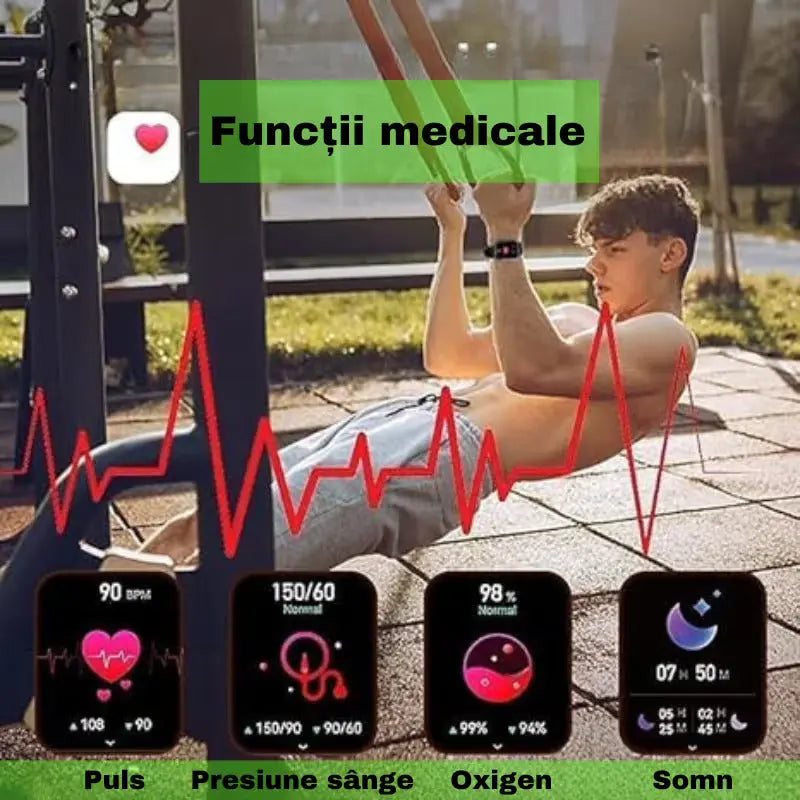 Smartwatch Ultra Plus 2.1" cu Apel Bluetooth, Monitorizare Sănătate (Ritm Cardiac, Oximetru, Somn, Calorii), 150+ Moduri Sport, Încărcare Wireless, rezistent, iOS & Android