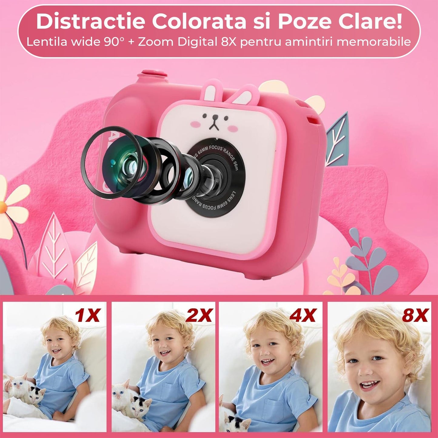 Camera Video Digitala pentru Copii cu Ecran Mare 2,4", Card 32GB, Trepied si Functie Selfie – 1080P HD, Cadou Educativ si Creativ pentru Baieti si Fetite 3-10 Ani, Ideala pentru Vlogging si Poze Amuzante, Roz