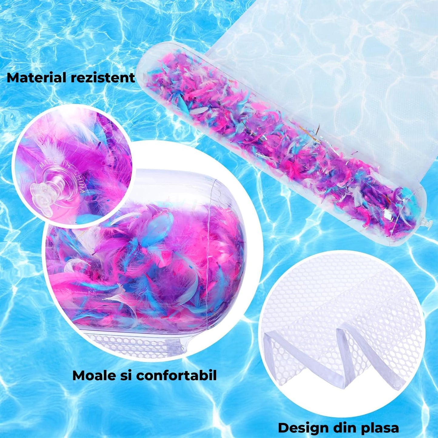 Colac Transparent cu Plasa si Pene pentru Piscina, Hamac Gonflabil Multifunctional pentru Adulti, Design Modern, Ideal pentru Plaja, Lac sau Mare, Usor de Transportat, Roz