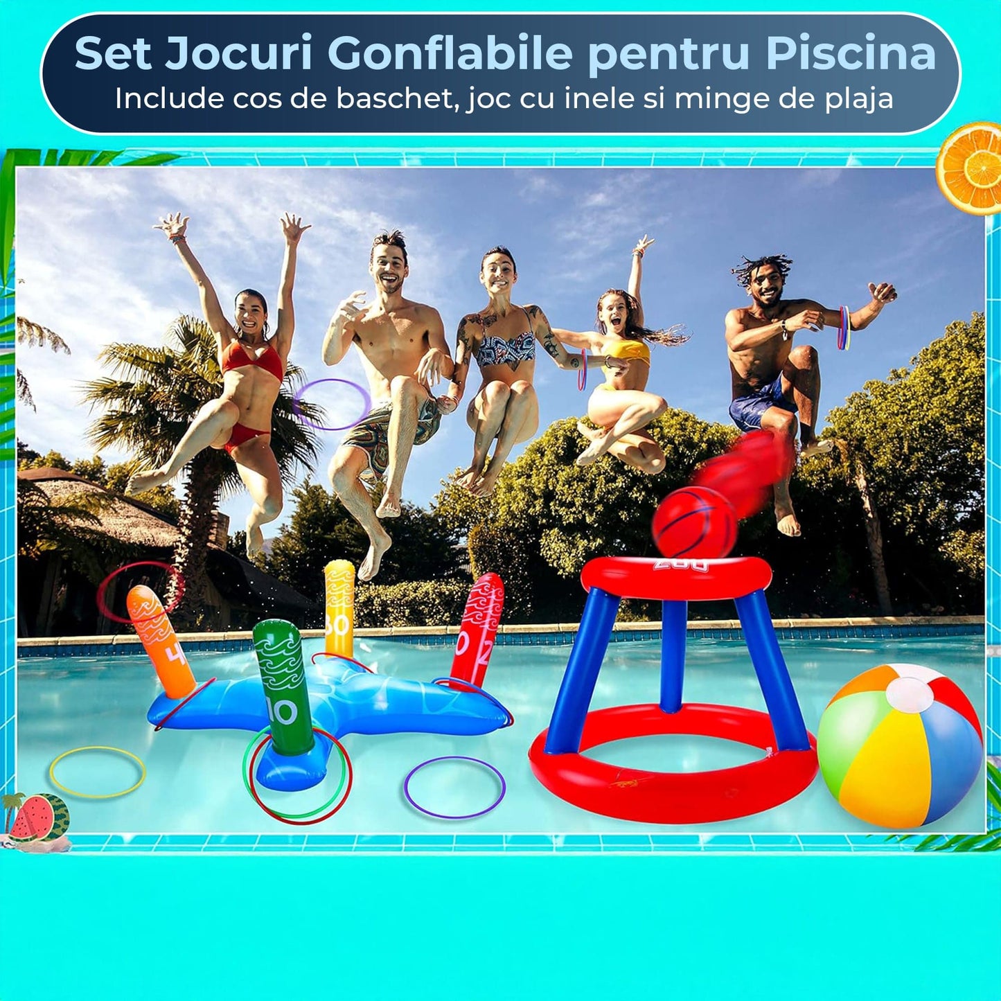 Set 3 in 1 Jocuri Gonflabile pentru Piscina – Cos Baschet Plutitor, Aruncare Inele si Minge de Plaja 30 cm, Ideal pentru Copii si Adulti, 6 Piese, Multicolor