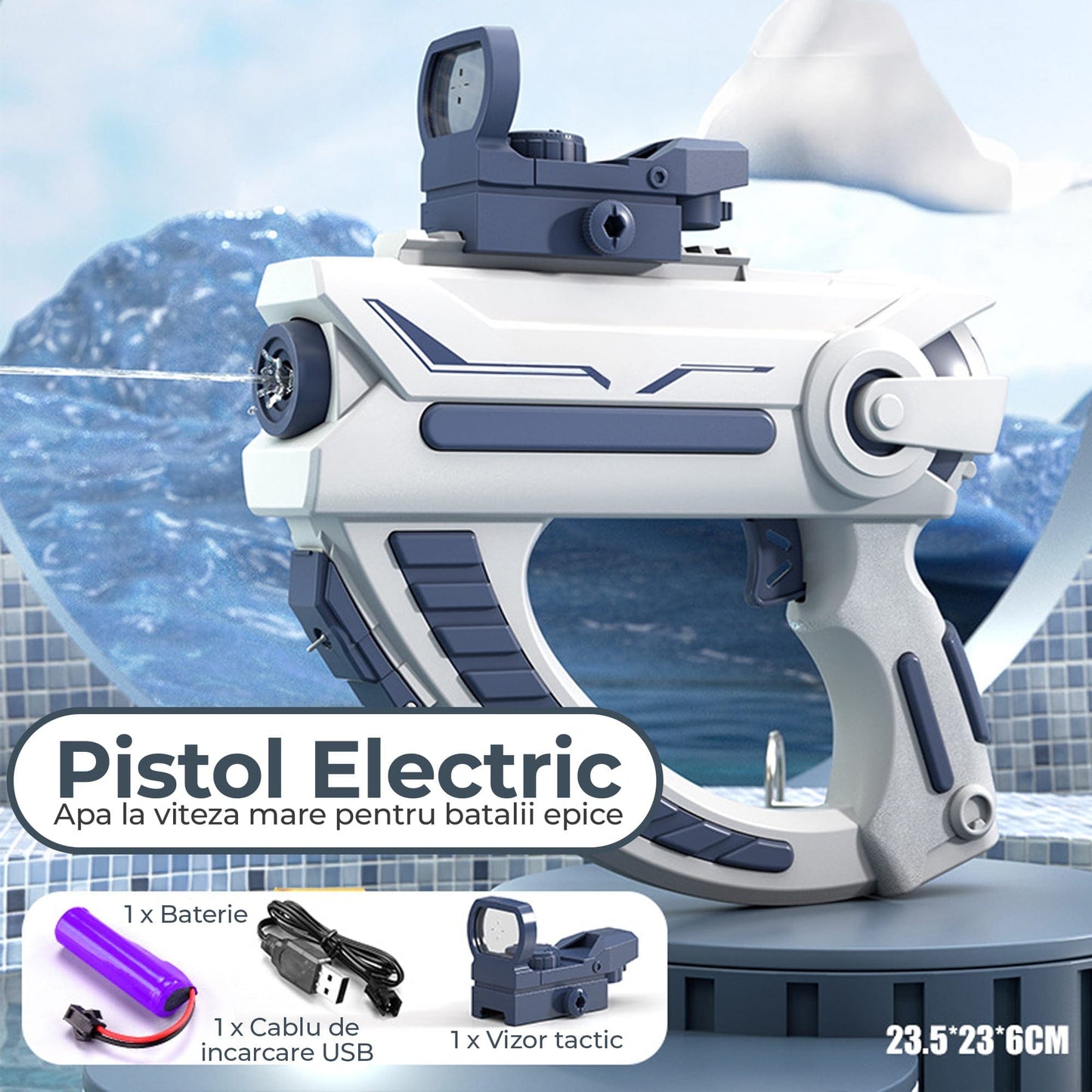 Pistol cu Apa Electric Timebox pentru Copii 4-6 Ani– Jucarie de Vara cu Tragere Automata, Vizor Tactic, Ideal pentru Joaca in Aer Liber, Usor de Folosit, Waterproof, Incarcare USB, Alb