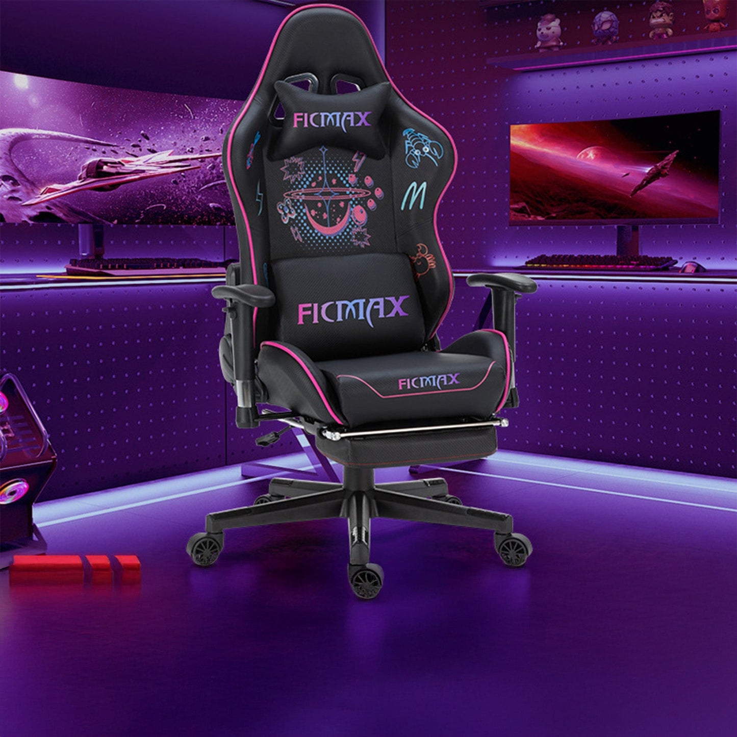 Scaun Gaming Timebox, Reglaj Spatar 160°, Suport Picioare Extensibil, Tetiera si Perna Lombara, Cadrul Metalic Rezistent, Material Premium, Ajustare 3D a Bratelor – Negru/Roz