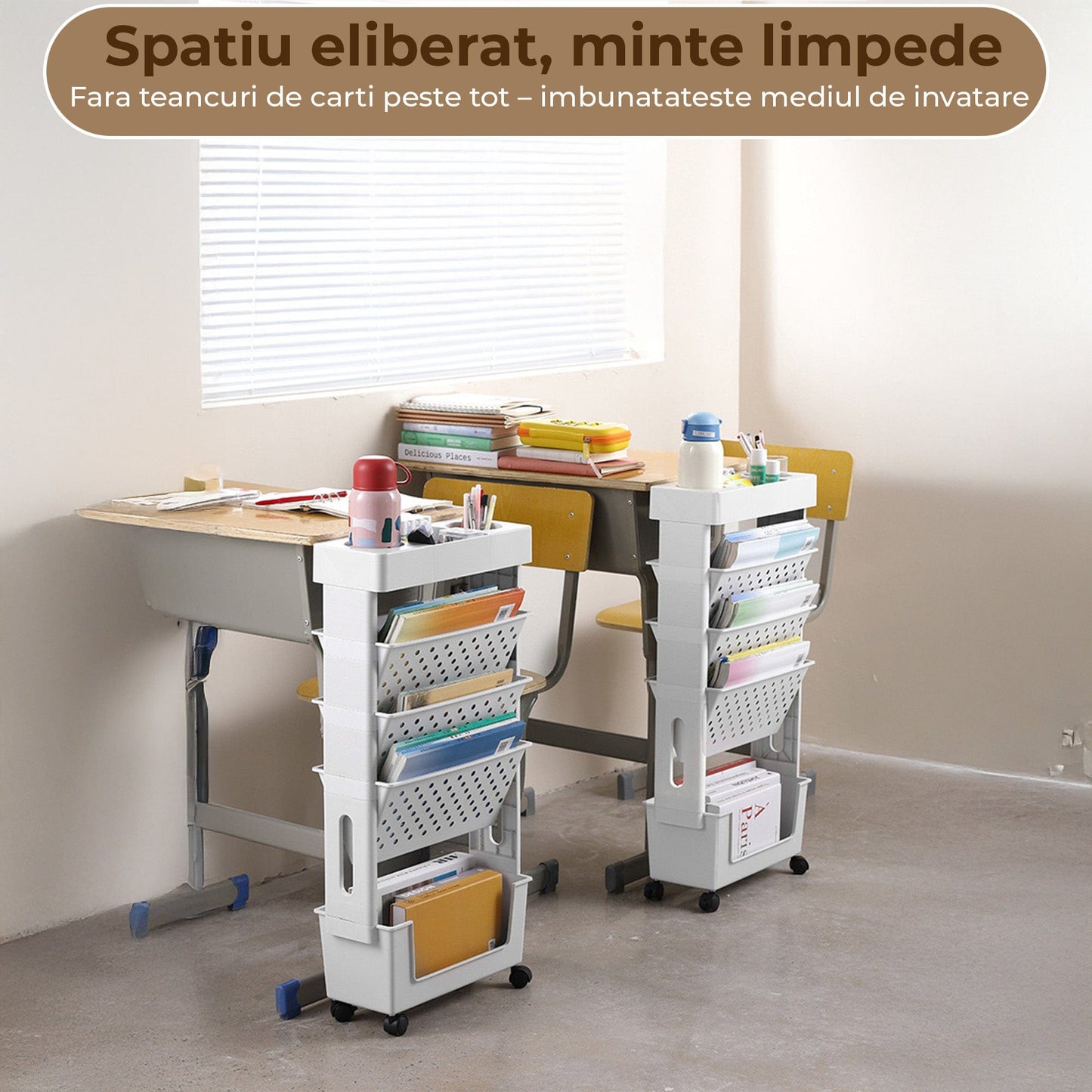 Etajera Multifunctionala cu 5 Rafturi pe Roti – Suport Mobil pentru Carti, Birou, Machiaj sau Bucatarie, Design Modern Fara Gaurire, Ideala pentru Camera, Clasa sau Dormitor, Gri