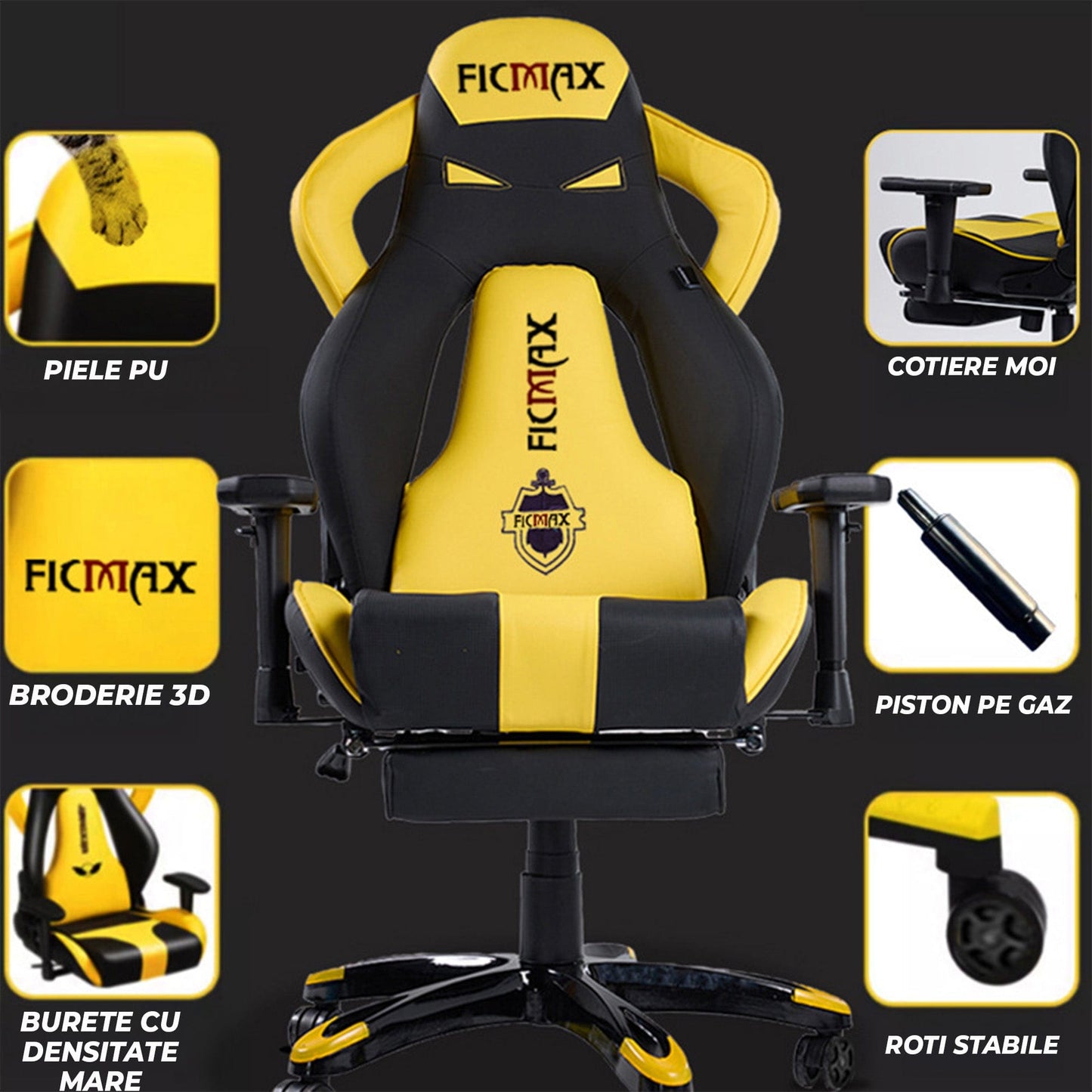 Scaun Gaming Ergonomic – Spatar Inalt, Design Sport, Rotativ 360°, Tapiterie Pet-Friendly, Cadru Metalic Rezistent Suport de Picioare, Galben