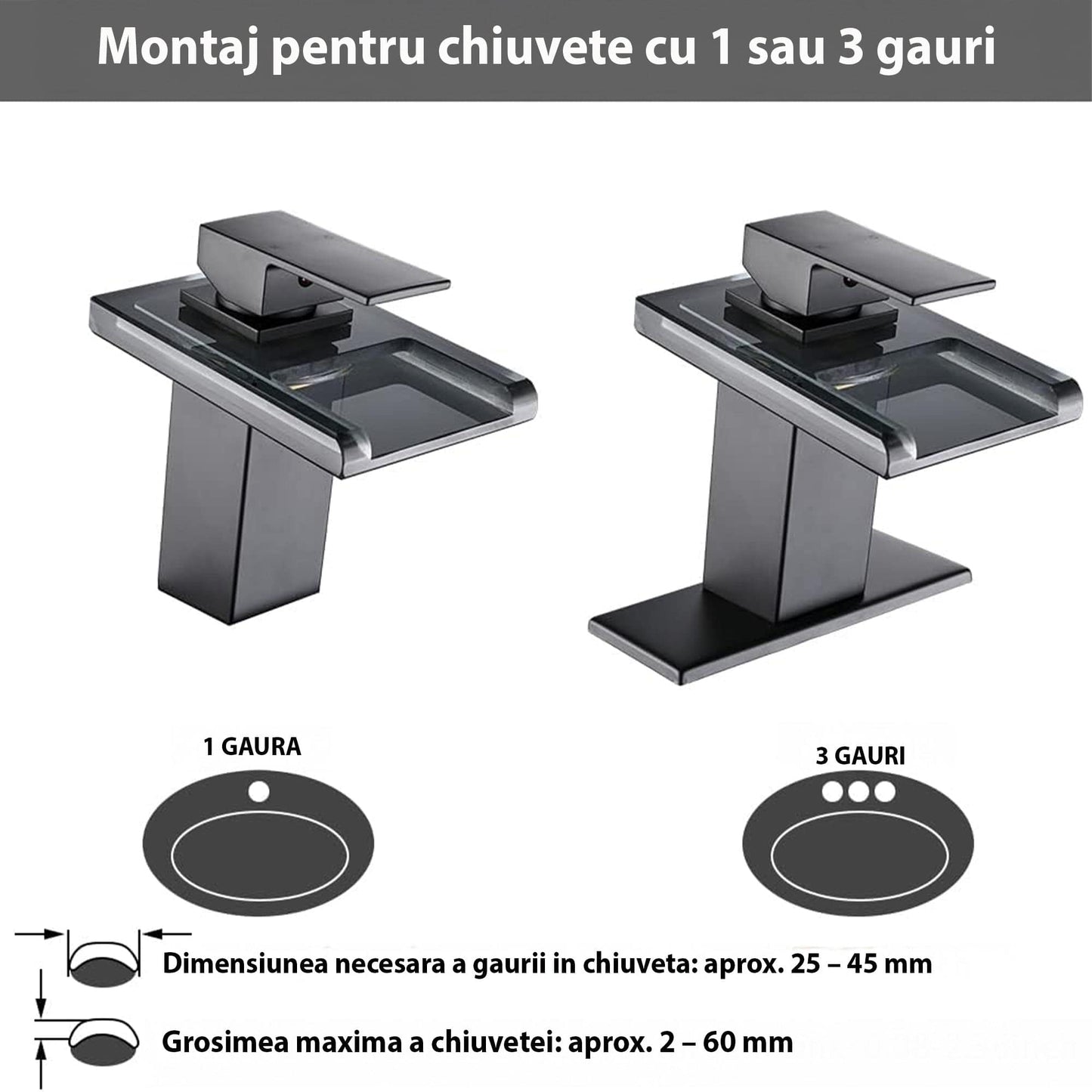 Baterie Chiuveta Baie cu LED si Efect de Cascada – Gura din Sticla, Schimbare Culoare in Functie de Temperatura Apei, Monocomanda, Montaj 1-3 Orificii, Pop-Up Metalic Inclus, Economie de Apa si Design Elegant, Negru Mat
