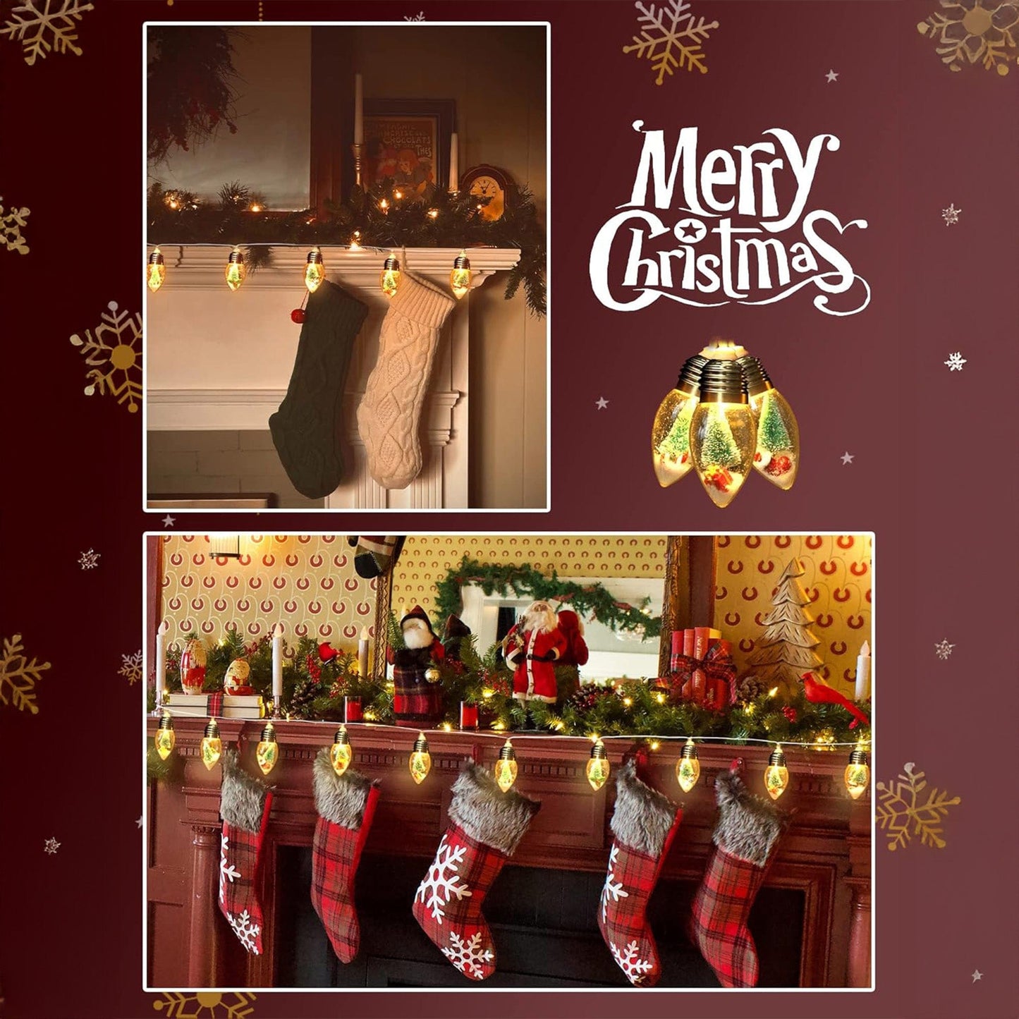 Instalatie Craciun, 2m, 10 becuri LED Snow Globe, Decor cu braduti si zapada, Acril rezistent, 2 moduri lumina, Alimentare pe baterii AA, Interior/exterior