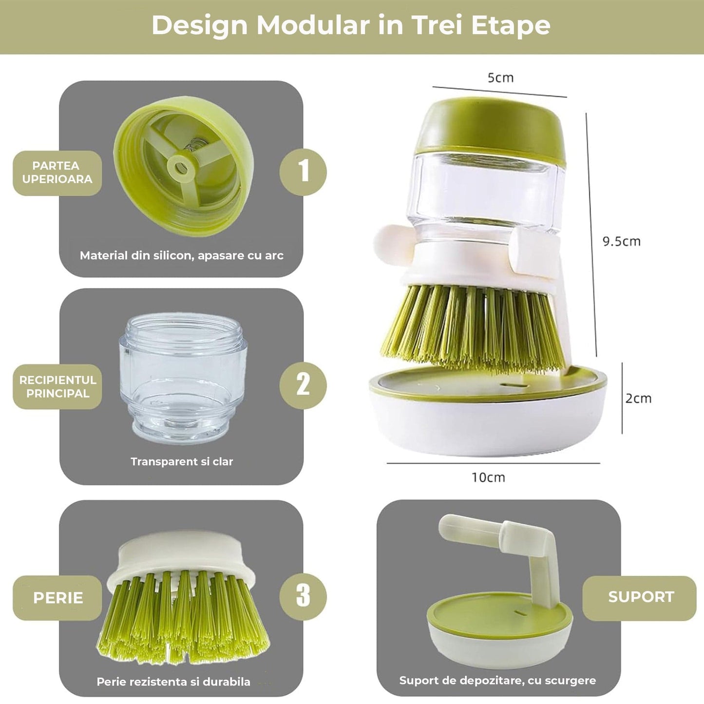 Dispenser Detergent cu Perie si Suport de Scurgere – Set Compact pentru Curatarea Vaselor si Chiuvetei, Dozare Automata, Design Modular cu Cap Reutilizabil si Rezerva, Gri