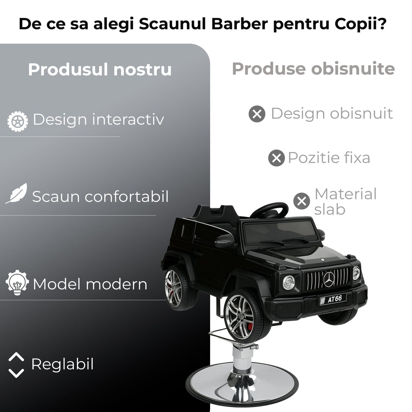Scaun auto de tuns copii model G-Class – Scaun interactiv cu Bluetooth, Centura de siguranta si Reglaj pe inaltime, Baza metalica, Experienta premium pentru saloane si frizerii, Negru