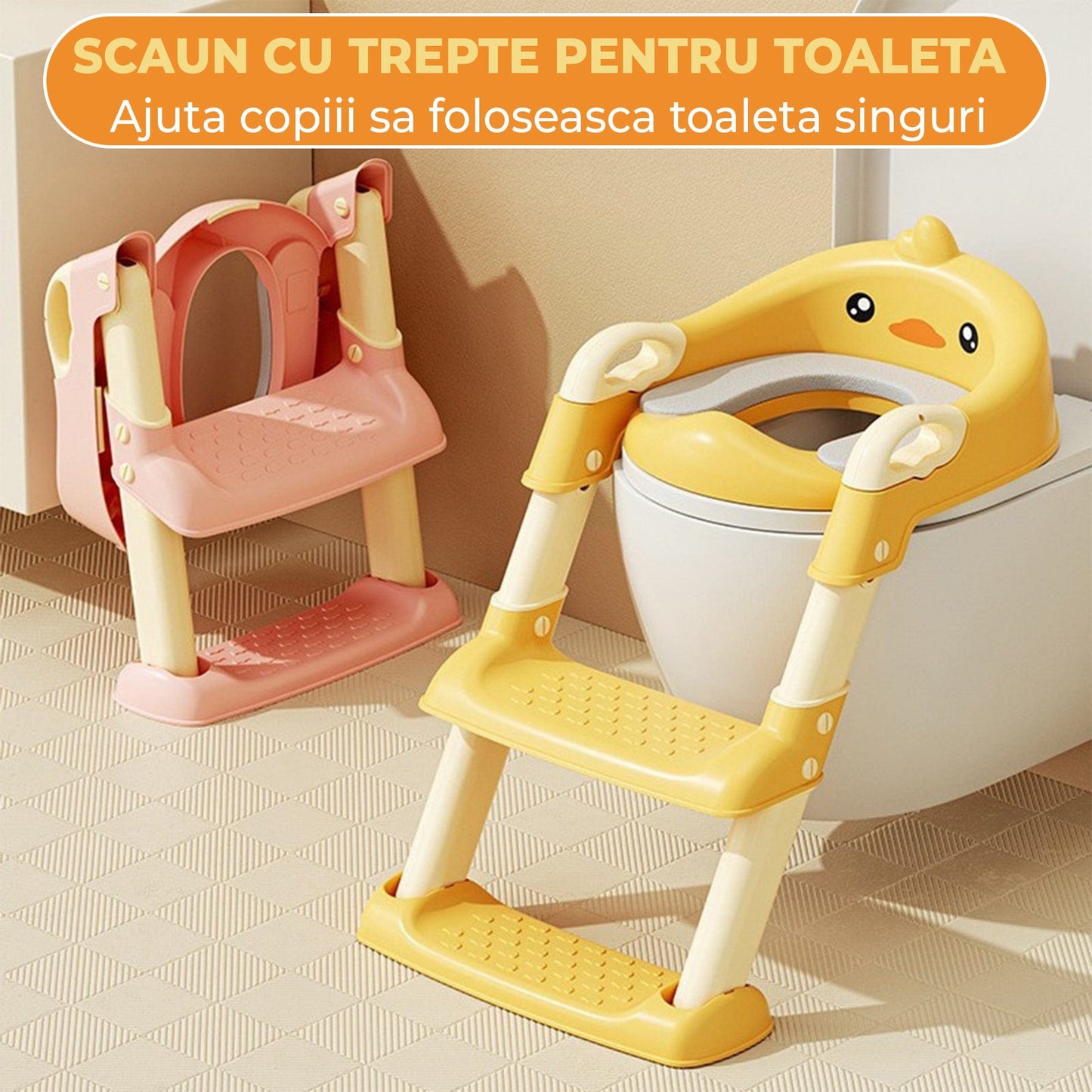 Reductor WC cu Treapta pentru Copii – Suport cu Scaunel si Manere, Design Amuzant, Pliabil, Material Ecologic, Potrivit pentru Baieti si Fetite, Confortabil si Sigur pentru Toaleta de Adult, Galben