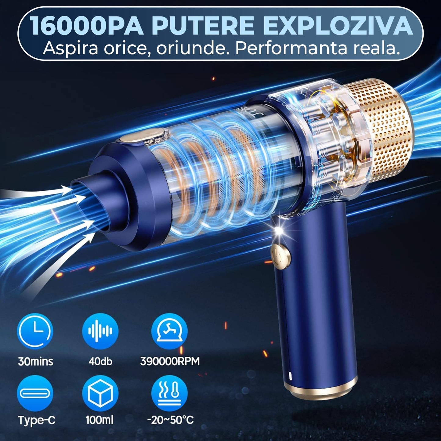 Aspirator Auto Portabil Timebox 2 in 1 – 16000PA, Fara Fir, cu Lumina LED si Accesorii Multiple, Filtru HEPA, Ideal pentru Masina, Acasa sau Birou, Albastru