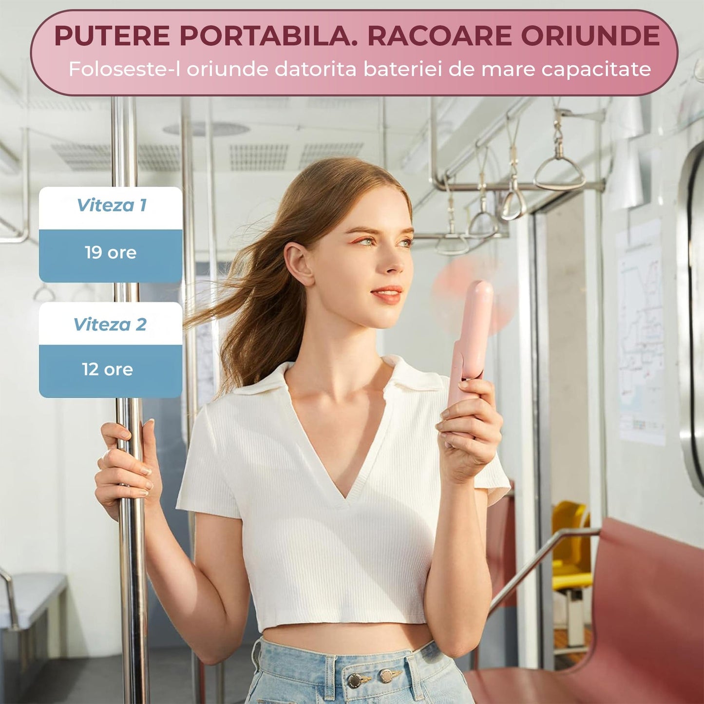Mini Ventilator Portabil 3 in 1 – Reincarcabil USB, cu Power Bank si Lanterna, Design Compact pentru Calatorii, Vara, Concerte sau Birou, Autonomie 12–19 Ore, Roz