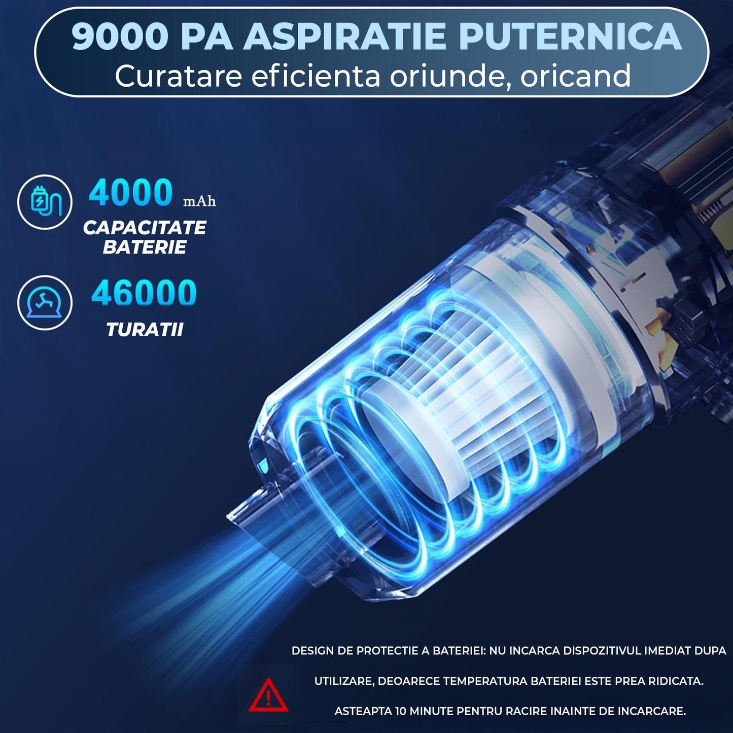 Aspirator Auto Portabil Timebox 2 in 1 cu Functie de Suflanta – 9000PA, 120W, Fara Fir, cu Baterie Reincarcabila, Lumina LED si Accesorii Multiple pentru Curatare Eficienta in Masina, Casa sau Birou