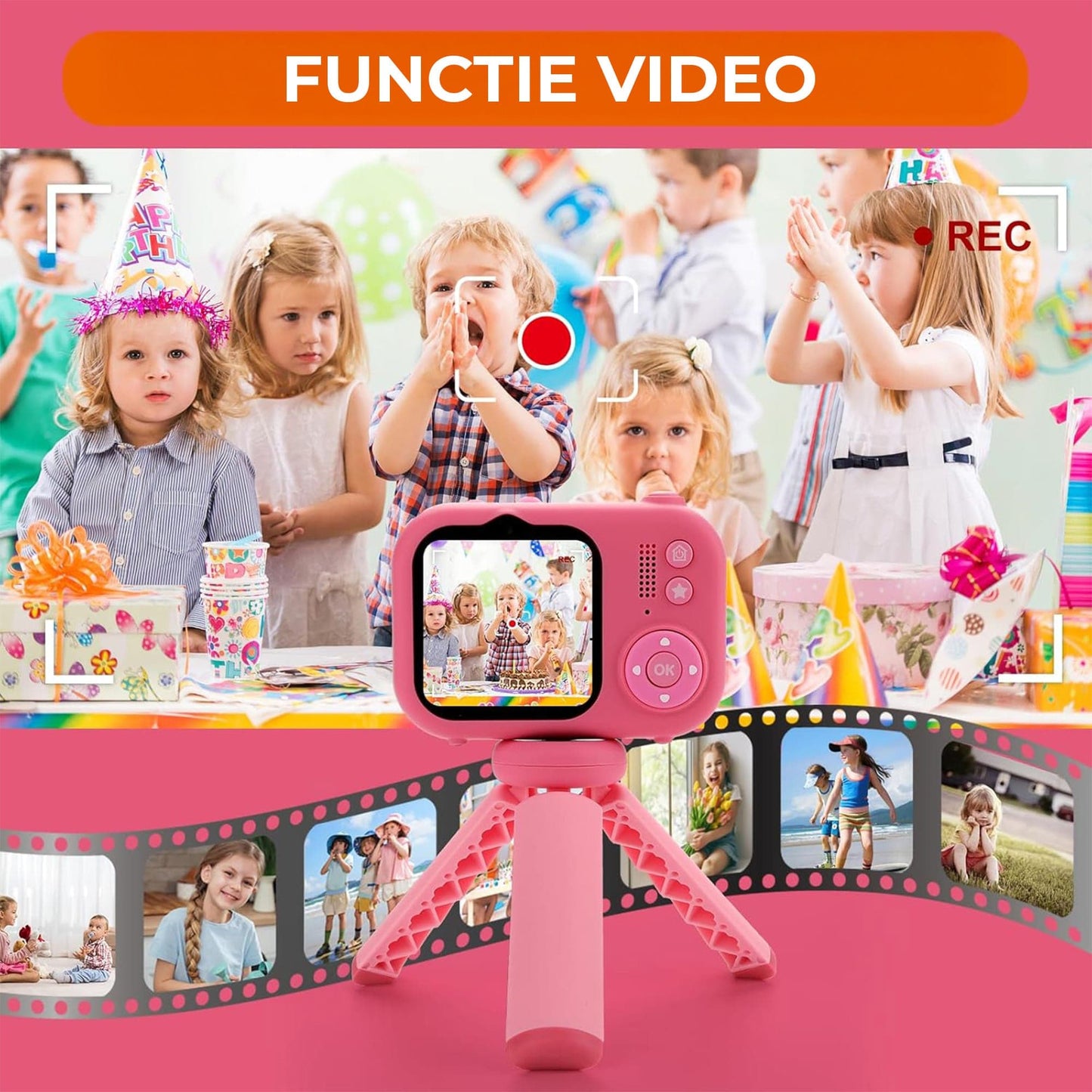 Camera Video Digitala pentru Copii cu Ecran Mare 2,4", Card 32GB, Trepied si Functie Selfie – 1080P HD, Cadou Educativ si Creativ pentru Baieti si Fetite 3-10 Ani, Ideala pentru Vlogging si Poze Amuzante, Roz