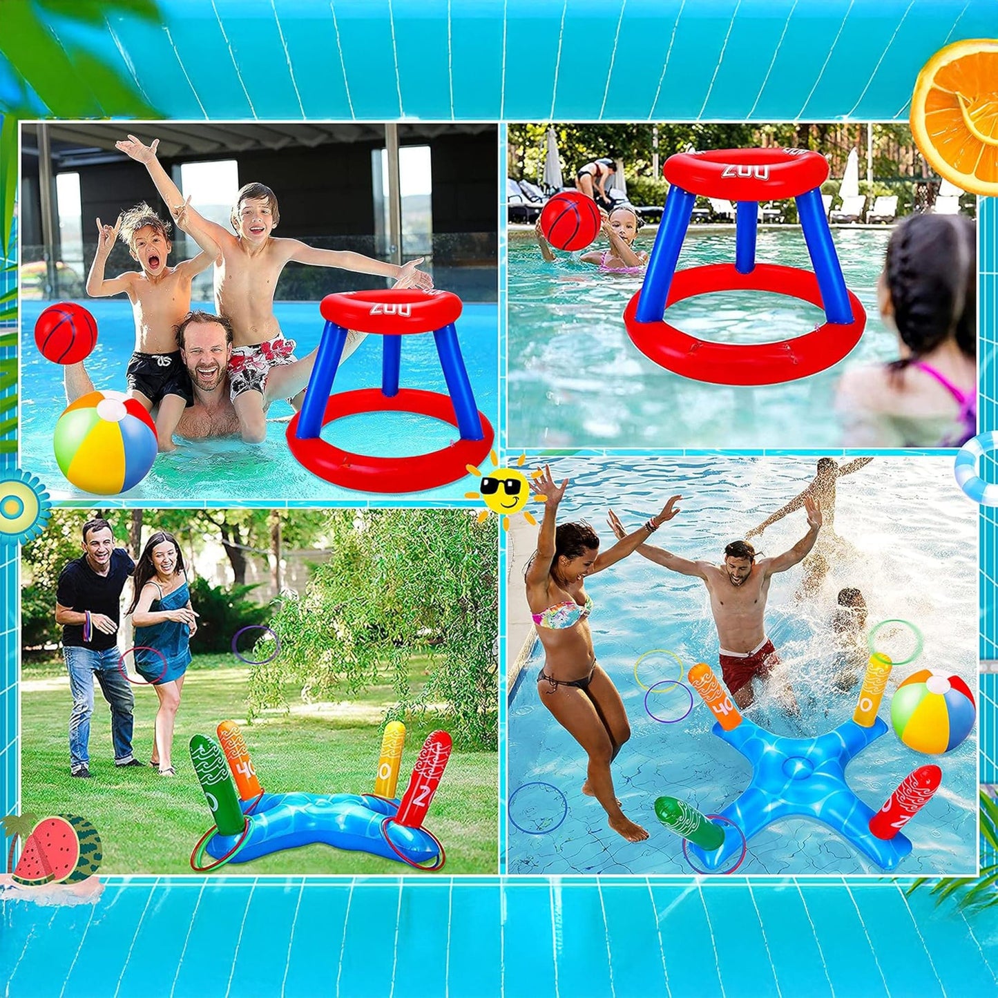 Set 3 in 1 Jocuri Gonflabile pentru Piscina – Cos Baschet Plutitor, Aruncare Inele si Minge de Plaja 30 cm, Ideal pentru Copii si Adulti, 6 Piese, Multicolor