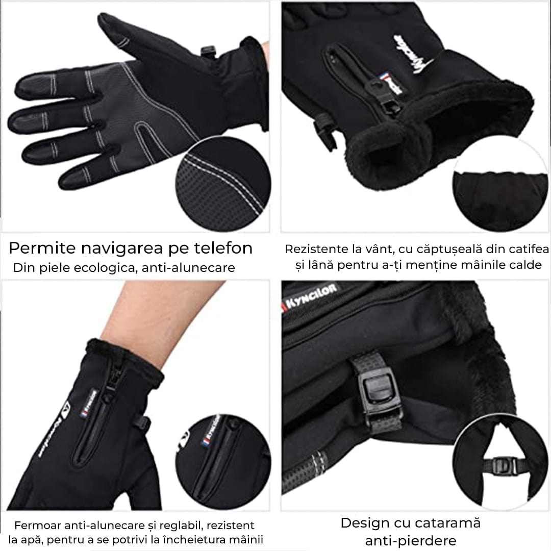 Manusi sport, compatibile ecran telefon, rezistente la vant, aderenta pentru ski, ciclism, culoare negru, Unisex, marime S