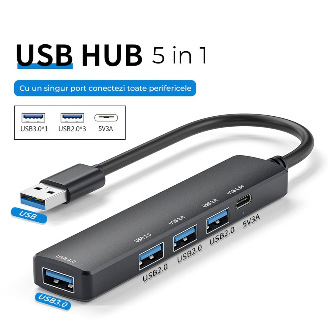 Hub USB 5 in 1 Tip C / USB 3,0,, Adaptor Multiport Cu Protectie Supracurent, 4,5W, 480 Mbps, 5 Gbps, Aluminiu, Negru
