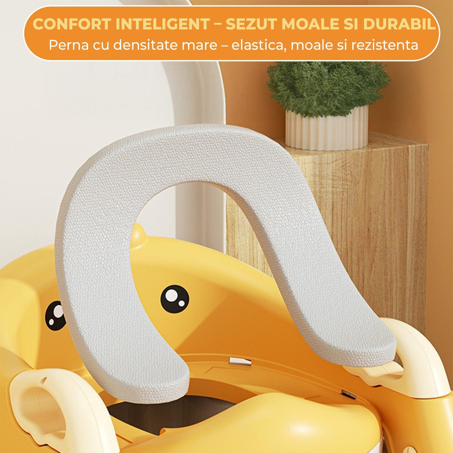 Reductor WC cu Treapta pentru Copii – Suport cu Scaunel si Manere, Design Amuzant, Pliabil, Material Ecologic, Potrivit pentru Baieti si Fetite, Confortabil si Sigur pentru Toaleta de Adult, Galben