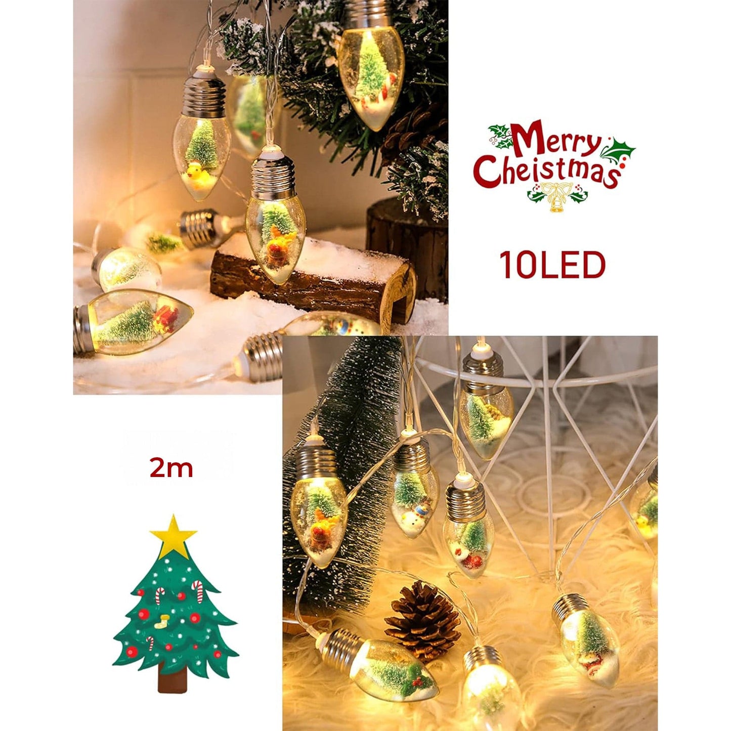 Instalatie Craciun, 2m, 10 becuri LED Snow Globe, Decor cu braduti si zapada, Acril rezistent, 2 moduri lumina, Alimentare pe baterii AA, Interior/exterior