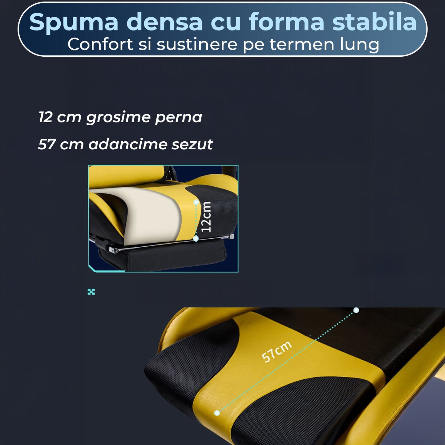 Scaun Gaming Ergonomic – Spatar Inalt, Design Sport, Rotativ 360°, Tapiterie Pet-Friendly, Cadru Metalic Rezistent Suport de Picioare, Galben