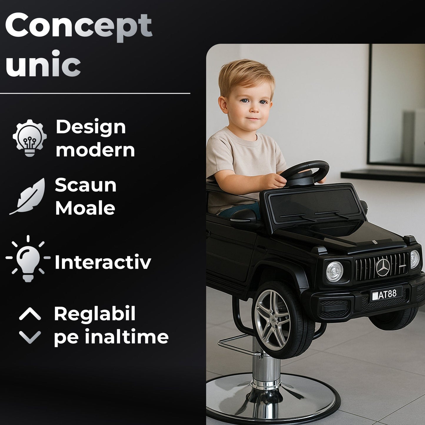 Scaun auto de tuns copii model G-Class – Scaun interactiv cu Bluetooth, Centura de siguranta si Reglaj pe inaltime, Baza metalica, Experienta premium pentru saloane si frizerii, Negru