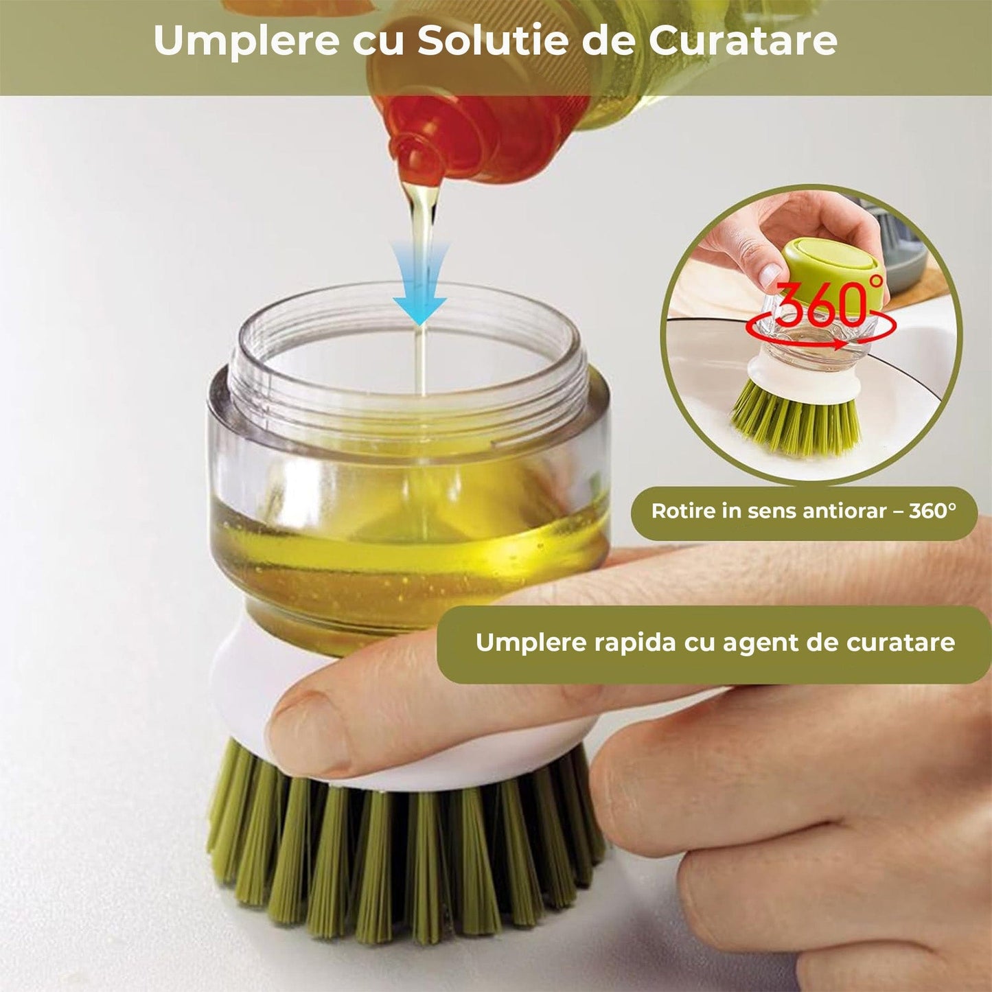 Dispenser Detergent cu Perie si Suport de Scurgere – Set Compact pentru Curatarea Vaselor si Chiuvetei, Dozare Automata, Design Modular cu Cap Reutilizabil si Rezerva, Gri